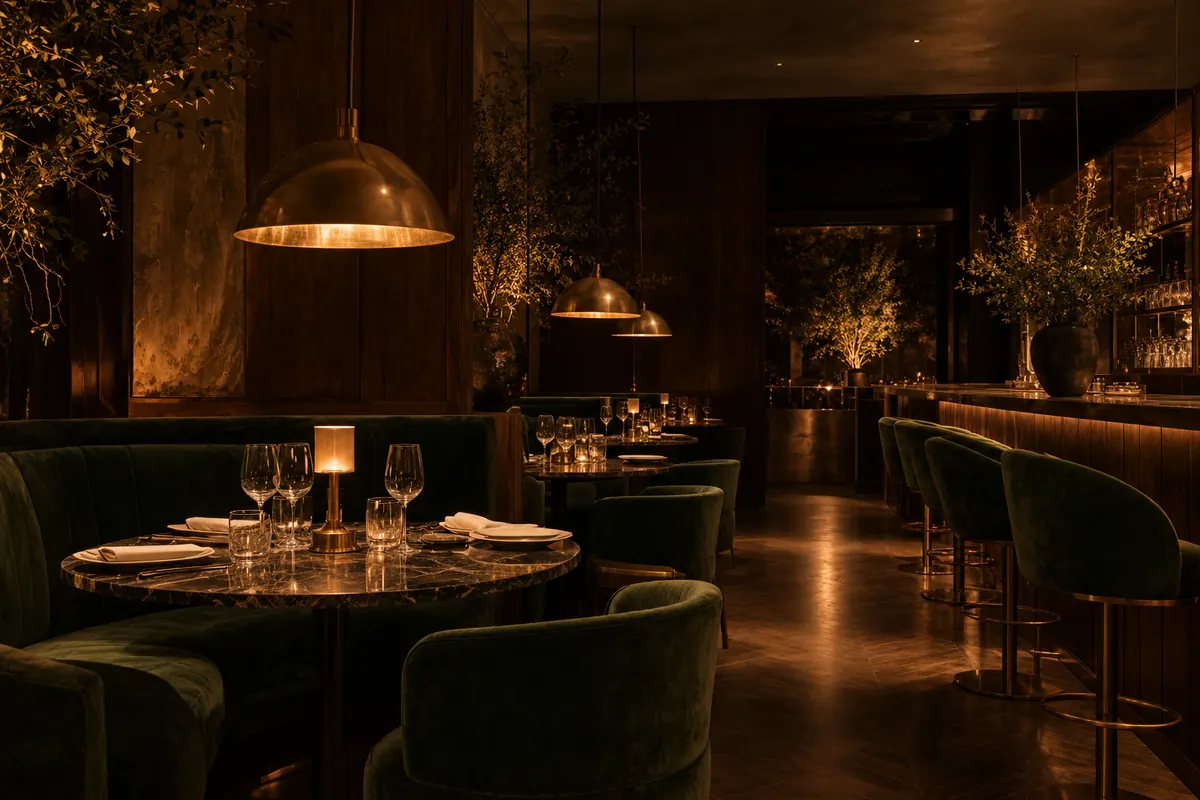 A restaurant with green velvet booths