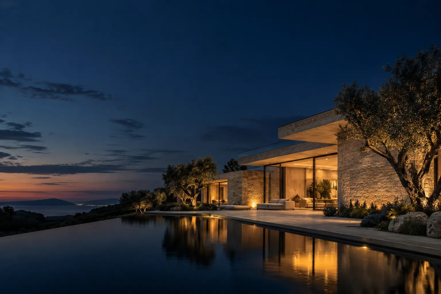 A travertine villa behind a dark reflecting pool at dusk