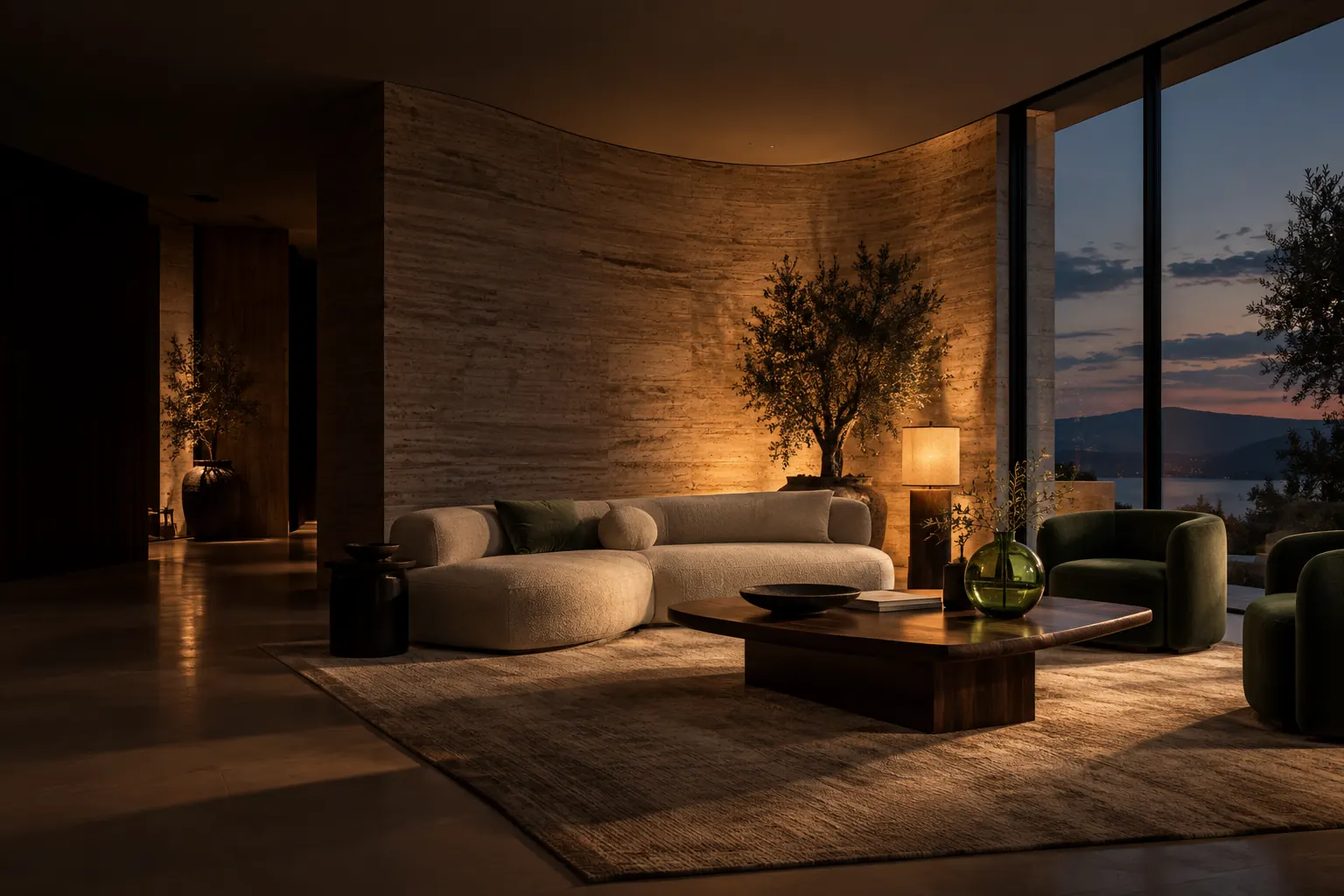 A living room with a curved stone wall and green accents
