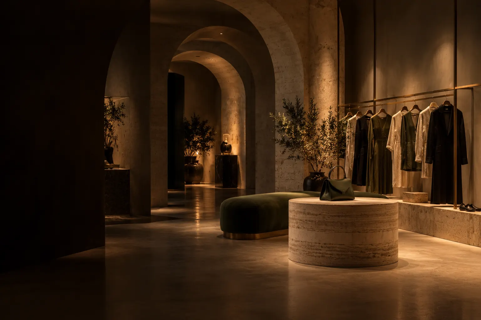 A boutique showroom under warm stone arches