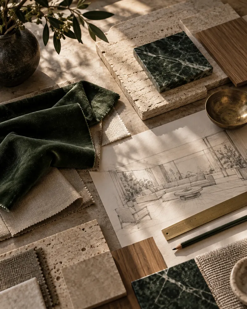 Material samples and sketches on a table
