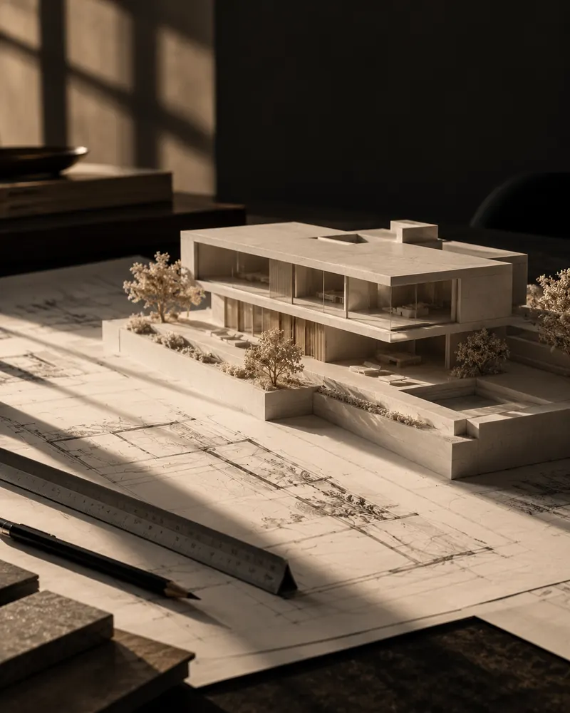 A white model of a house on a drawing